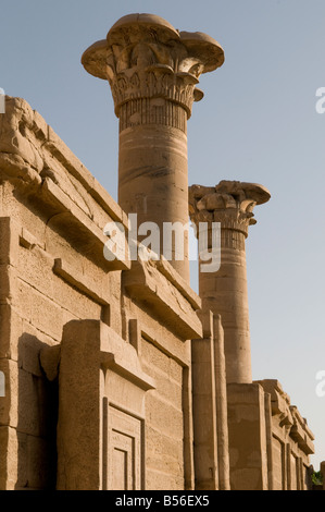 Capitals made in form of open lotus flower at the gateway to the Mortuary Temple of Ramesses III in Medinat Habu Temple near Luxor Southern Egypt Stock Photo