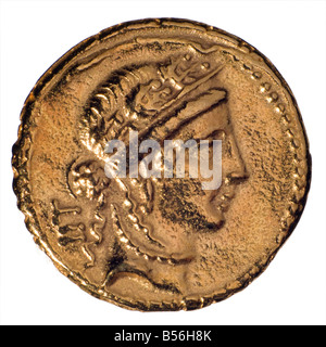 Gold Roman Aureaus Coin (replica). Julius Caesar, minted 48-47BC. Obverse: Female head, probably Venus. Stock Photo