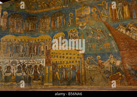 The Last Judgement on the exterior wall of Voronet Painted Monastery Southern Bucovina north Romania Stock Photo