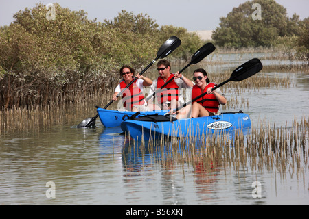 Kajak tour at Sir Bani Yas Island private game reserve in the persian gulf near Abu Dhabi United Arab Emirates Stock Photo