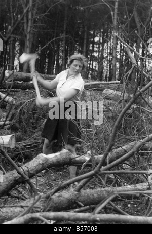 World War II Women: Womens Forestry Camp. Mrs. Shaw, ex-champion Scottish tennis player, loping a tree after it had been felled. May 1942 P010128 Stock Photo