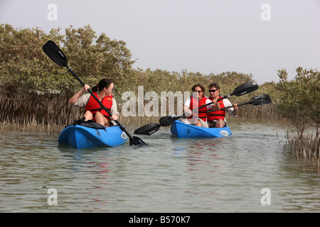 Kajak tour at Sir Bani Yas Island private game reserve in the persian gulf near Abu Dhabi United Arab Emirates Stock Photo