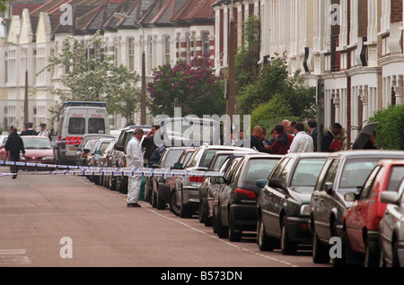 Gowan Avenue in Fulham showing police activity in April 99 where TV presenter Jill Dando was murdered outside her home Stock Photo