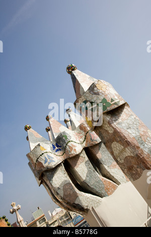 Bizarre chimneys jut from the roof of Casa Batlló, Anton Gaudí's Modernist apartment house in Barcelona Stock Photo