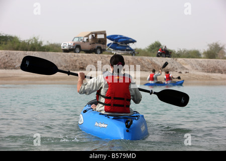 Kajak tour at Sir Bani Yas Island private game reserve in the persian gulf near Abu Dhabi United Arab Emirates Stock Photo