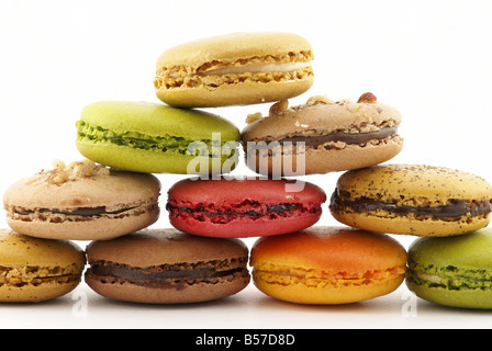 Stack of french macaroons (macarons) of different flavor. Cut-out. Stock Photo