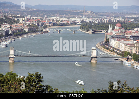 Panoramic view of the Danube and Hungarian Parliament building, from Gellert Hill, Budapest, Hungary Stock Photo