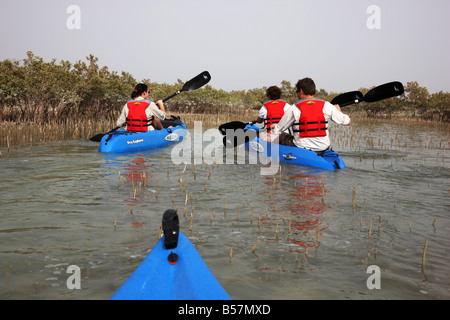 Kajak tour at Sir Bani Yas Island private game reserve in the persian gulf near Abu Dhabi United Arab Emirates Stock Photo