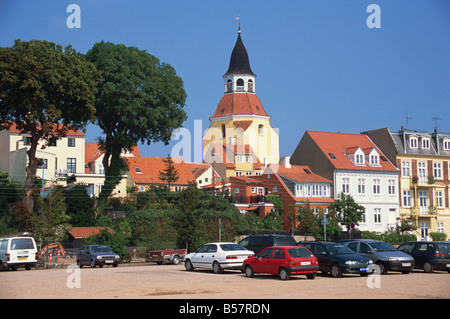 Klokketarnet of medieval church rises above town Faaborg Funen Denmark Scandinavia Europe Stock Photo