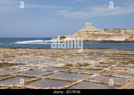 Salt pans at Qbajjar, near Marsalforn, Gozo, Malta, Mediterranean, Europe Stock Photo