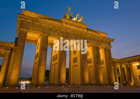 The Brandenburg Gate with the Quadriga winged victory statue on top illuminated at night, Pariser Platz, Berlin, Germany, Europe Stock Photo