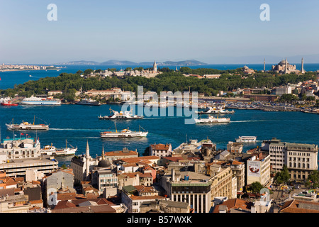 Elevated view over the Bosphorus and Sultanahmet from the Galata Tower, Istanbul, Turkey, Europe Stock Photo