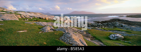 View towards the southern tip of the Isle of Harris from Taransay at dusk, Outer Hebrides, Scotland, United Kingdom, Europe Stock Photo