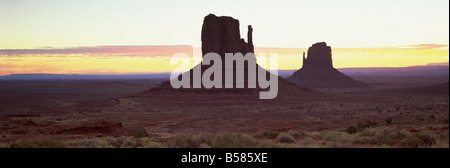 The Mittens at sunrise, Monument Valley Tribal Park, Arizona, United States of America, North America Stock Photo