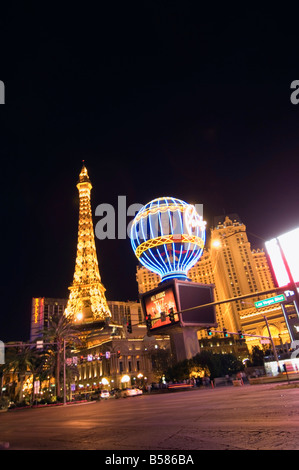 Paris Hotel with mini Eiffel Tower at night, The Strip (Las Vegas Boulevard), Las Vegas, Nevada, United States of America Stock Photo