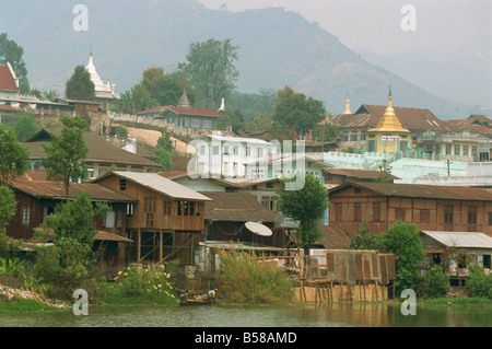 Town houses and stupas in centre of ruby mining area Mogok Mandalay District Myanmar Burma Asia Stock Photo