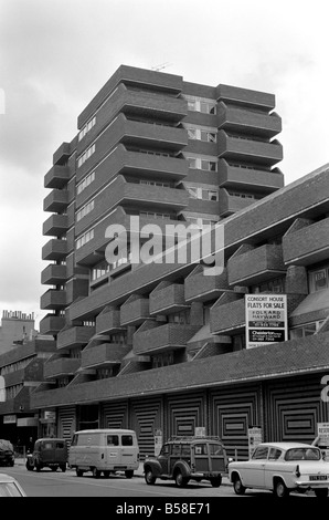 Architecture. Ugly Buildings. This hidious example of the new style of building that is blotting London's skyline can be seen in Queensway, Baywater. Consort House is not one of Her Majesty's new prisons, but in fact a block of luxury apartments. July 1970 70-6851-005 Stock Photo