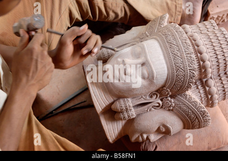 Sandstone and wood carving, Carving Association and Orphan Career Center, Siem Reap, Cambodia, Indochina, Southeast Asia Stock Photo