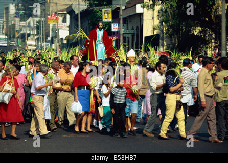 Crowds of people in the Palm Sunday procession in the centre of San Salvador, El Salvador, Central America Stock Photo