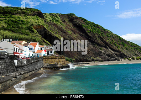Porto Pim bay with houses beach and volcanic hill Horta on Faial Island Azores