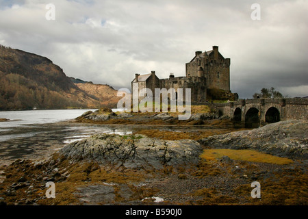 Eilean Donan Castle is situated in Loch Duich near Dornie on the A87 road on the west coast of Scotland near the Isle of Skye Stock Photo