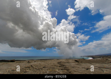 Plume and hot flow Waikupanaha ocean entry lava flow area Stock Photo