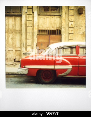 Polaroid of the profile of red classic American car Havana Cuba West Indies Central America Stock Photo