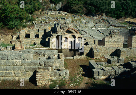 General view of Roman settlement of baths and amphitheatre Butrint UNESCO World Heritage Site Albania Europe Stock Photo