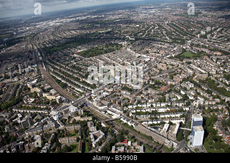 Aerial view north west of Kensal Rise and Kilburn Queens Park Willesden Lane Cemetery railway lines suburban houses London NW6 W Stock Photo