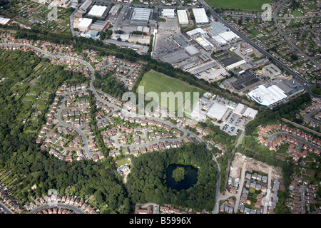 Aerial view north west of suburban houses allotments Lambourne Drive railway line business park Wollaton Nottingham UK High leve Stock Photo