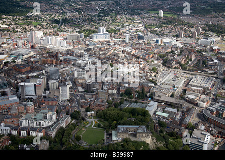 Aerial view north east of Nottingham Castle off Maid Marian Way and city centre NG1 England UK High level oblique Stock Photo