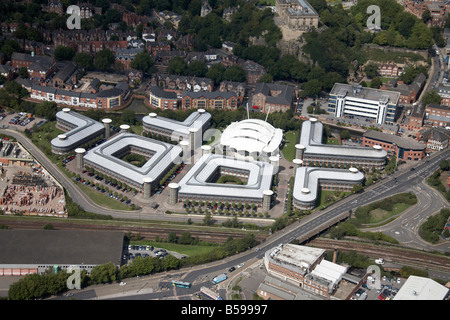 Aerial view north west of Business Estate Wilford Road Castle Meadow Road railway line Nottingham Castle NG2 UK High level obliq Stock Photo