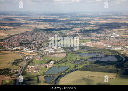 Aerial view north east of Wyboston Lakes Golf Club country suburnan houses Great Northern Road A1 St Neots Cambridgeshire Englan Stock Photo