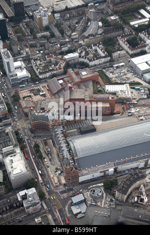 Aerial view west of St Pancras Railway Station construction work The British Museum Euston Road inner city buildings London NW1 Stock Photo