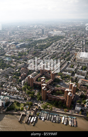Aerial view north west of World s End Housing Estate tower blocks Cheyne Walk River Thames house boats West Brompton London SW10