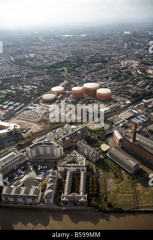 Aerial view west of Chelsea Creek gas works Sands End Chelsea Harbour Marina suburban houses apartment blocks London SW6 SW10 UK Stock Photo