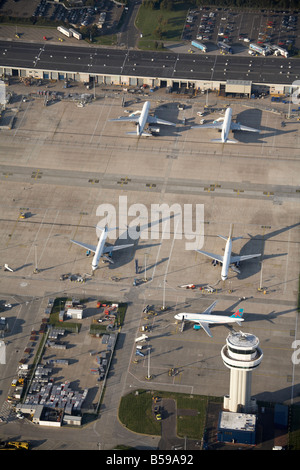 Aerial view north west of London Gatwick Airport aeroplanes communications tower car park Crawley West Sussex RH6 England UK Stock Photo