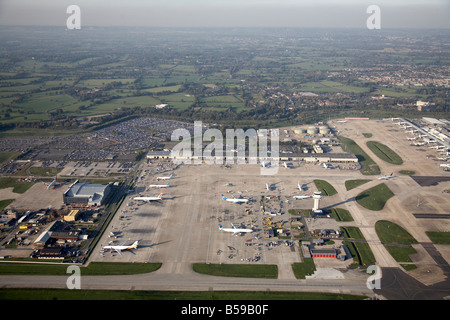 Aerial view north west of London Gatwick Airport runways aeroplanes country fields Crawley West Sussex RH6 England UK Stock Photo