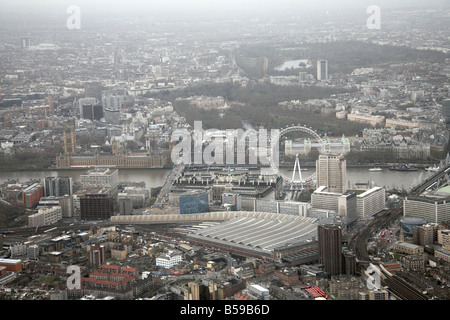 Aerial view east of St James s Park Houses of Parliament River Thames Westminster Bridge London Eye Waterloo Station London SW1 Stock Photo