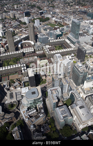 Aerial view north east of The Barbican Centre Guildhall School of Music and Drama London Wall A1211 Road tower blocks London EC2 Stock Photo