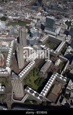 Aerial view east of The Barbican Centre Guildhall School of Music and Drama HAC Royal Artillery Gardens City Point City London Stock Photo