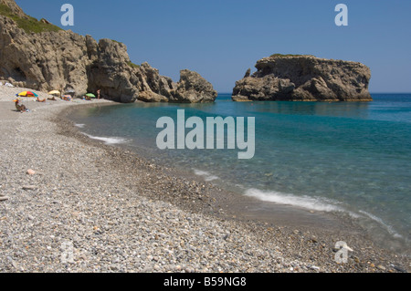 The pebble beach and emerald seas at Sougia on the south coast of Crete Greek Islands Greece Europe Stock Photo