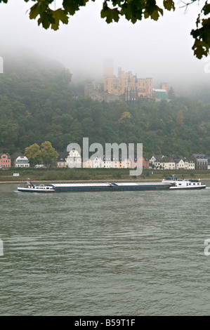 Stolzenfels Castle and the Rhine on a foggy morning. Stock Photo