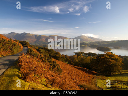 View over lake towards Skiddaw & Blencathra from near Catbells at sunrise in Autumn, Lake District, Cumbria Stock Photo