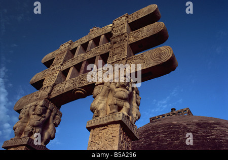 One of the four carved toranas gateways at Stupa One Sanchi UNESCO World Heritage Site Madhya Pradesh state India Asia Stock Photo