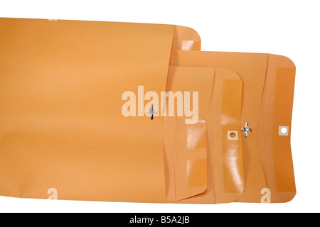 Multiple sizes of plain brown envelopes with gum seal and clasp Stock Photo
