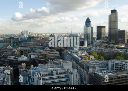 London city scape from Ropemaker street EC2, looking east to Canary Wharf Stock Photo
