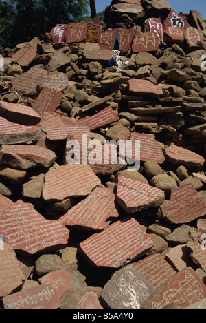 Mani stones Rewalsar Lake near Mandi Himachal Pradesh India Asia Stock Photo