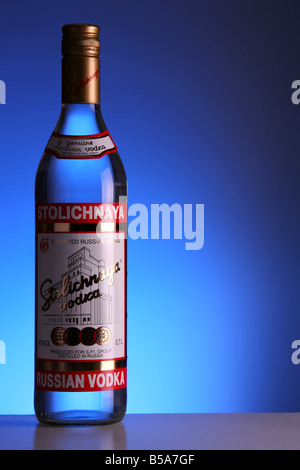 A bottle of Stolichnaya vodka on a bar Stock Photo