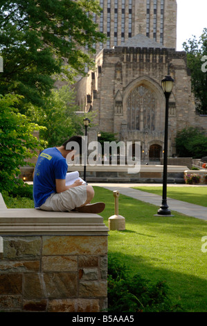 Reading on Yale Campus with Sterling Library in background Stock Photo